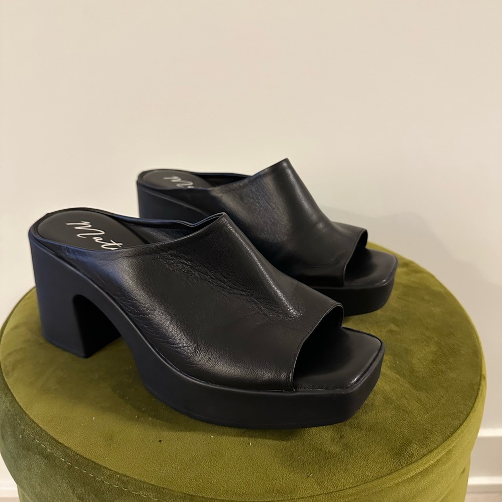 Matisse Black Leather Open-Toe Platform Mule Heels